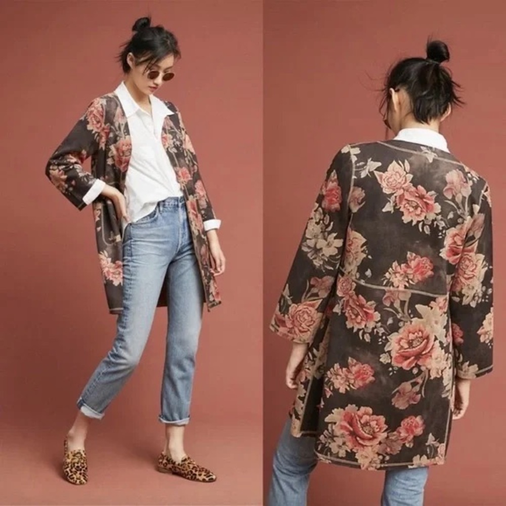 T Tahari Floral Faux Suede Longline Open Front Jacket Gray Medium
